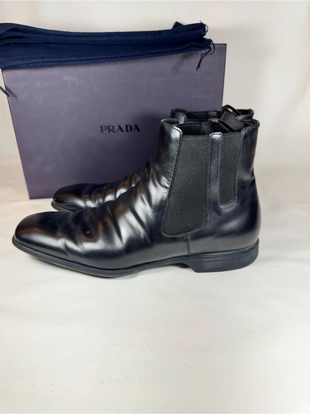 Prada Men’s Black Spazzolato Lather Square Toe Chelsea Boots 9 Italy Winter